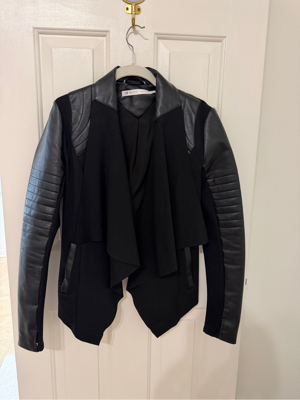 blanc noir Black Draped Open-Front Jacket with Faux Leather Sleeves